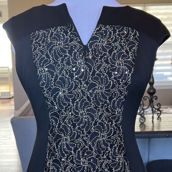 VTG Connected Apparel Women's Dress Size 6 Black Gold Midi Sheath Stretch - Picture 2 of 16